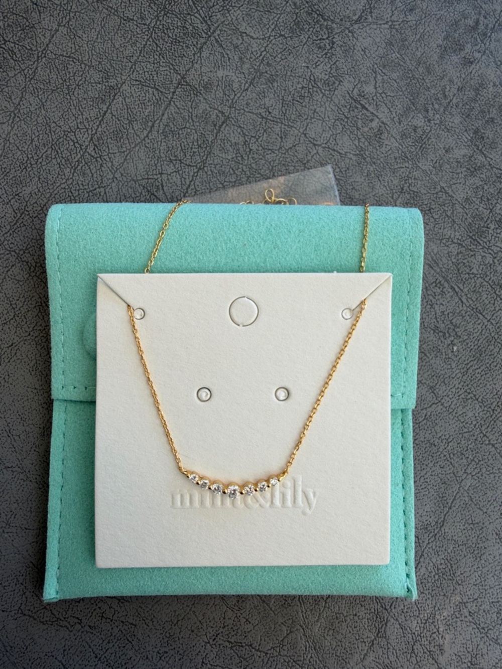 Gold Crystal Bar Necklace in Mint Pouch
